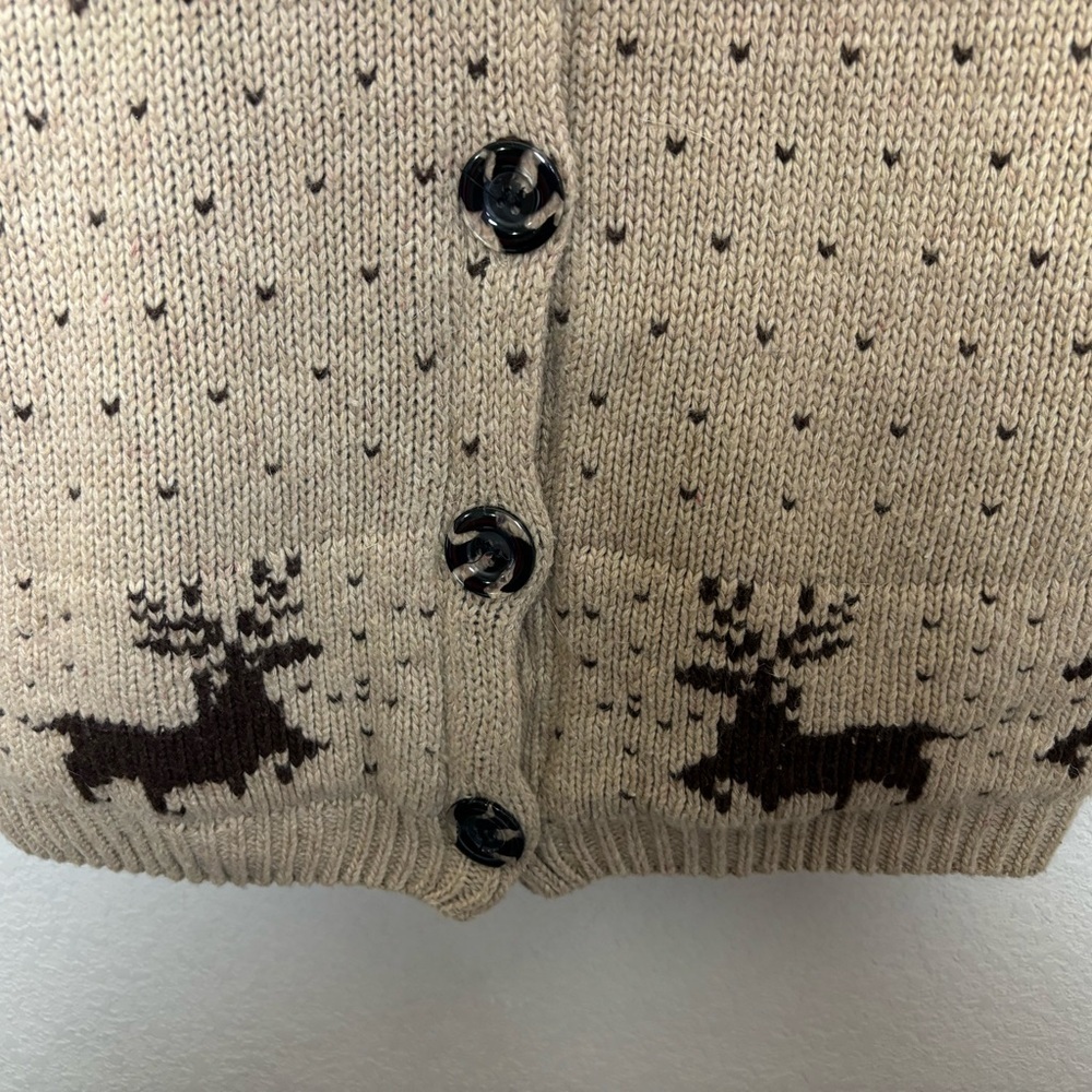 Cottagecore Cream and Brown Deer Print Sherpa Fur Lined Knit Hooded Cardigan M/L - Picture 4 of 6